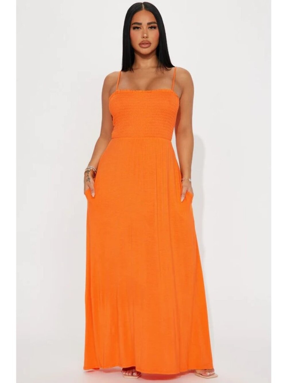 Fashion Nova Holly Maxi Dress Size 2X Orange Smocked Bodice Adjustable Straps